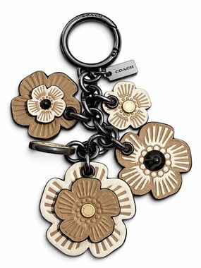 Coach Floral Leather Bag Charm Keychain Neutral Multi-Flower Charm